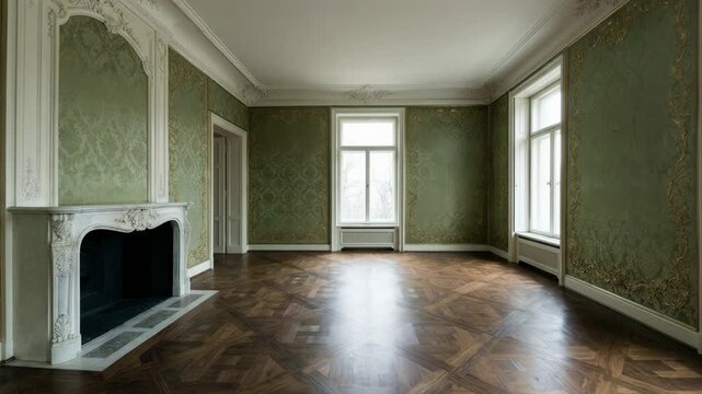Elegant unfurnished room in a historic building with opulent baroque details. The classic interior features green damask walls, a marble fireplace, and wood parquet floors