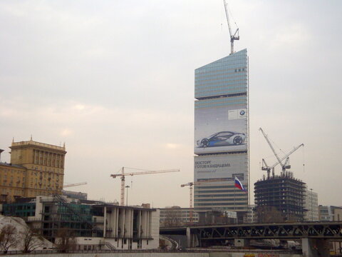 Moscow International Business Center (Moscow City) skyscrapers under construction along the Presnenskaya Embankment on a spring day. Moscow, Russia, April 2, 2011. 