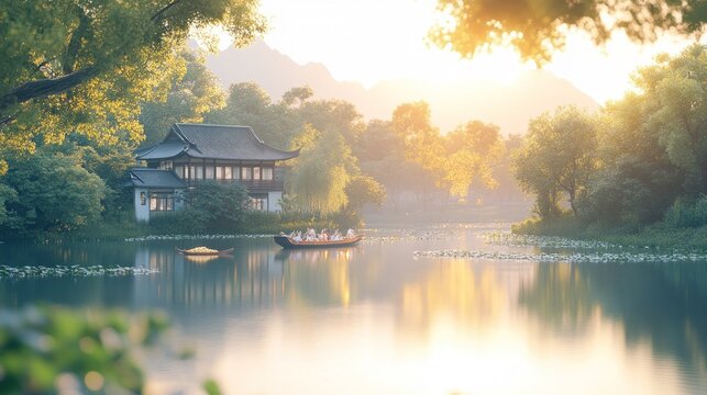 Serene Asian landscape, house on lake, boat