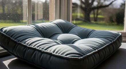Naklejka premium A faded, tufted floor cushion with visible indentations, resting on a surface near a window