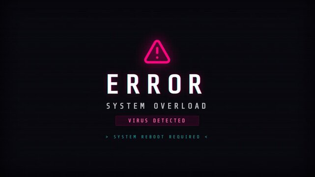 motion Error warning sign with system overload, virus detected message, neon glitch text, cybersecurity alert concept