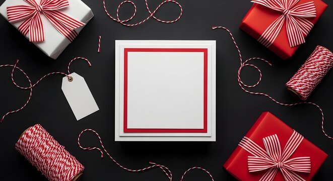 A square white and red card frame surrounded by red gift boxes and twine on a black background