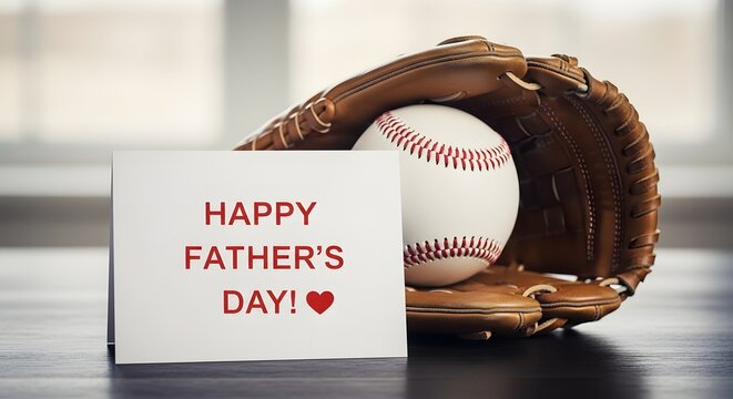 Happy fathers day card with a baseball and glove