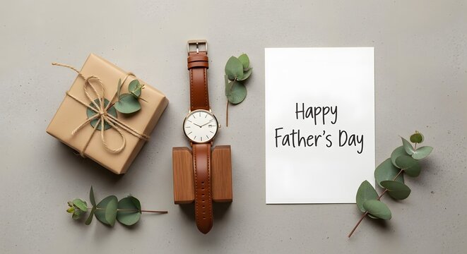 Happy fathers day greeting card with a watch, gift box, and eucalyptus leaves on a grey background