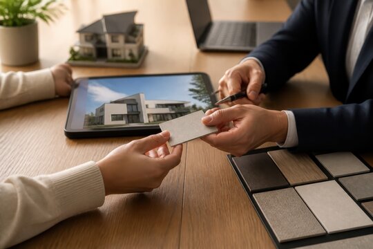 Real estate agent presenting tile samples to home buyers during property consultation with tablet and house model