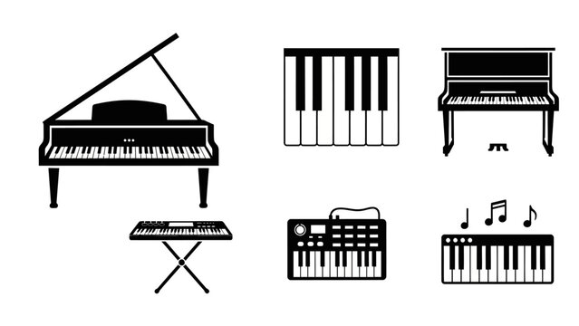 Piano Keyboard Icons Set - Grand, Upright, Synthesizer, Musical Notes