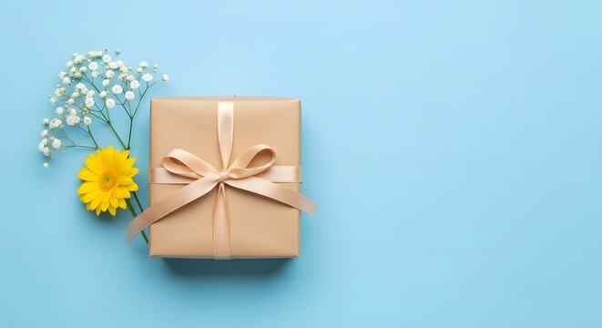 Gift box with ribbon, yellow flower, and babys breath on blue background