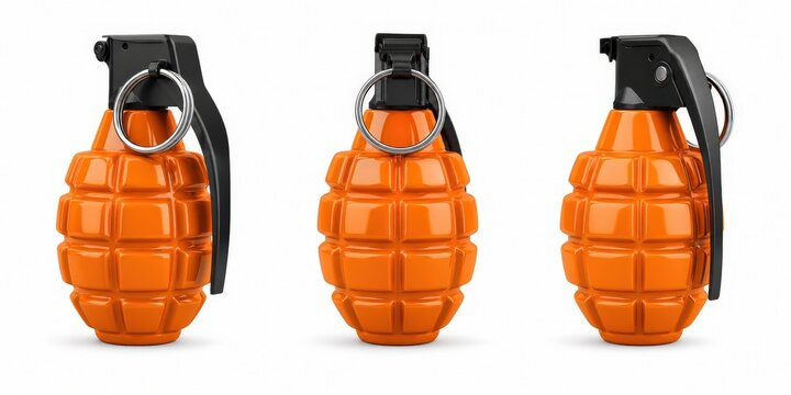 Three hand grenades in orange color isolated on a white background, 3d render.