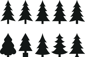 Obraz premium Set of Black Christmas Tree Silhouettes with Minimal Evergreen Pine Tree Icons for Holiday Design Collection