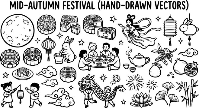 Mid-Autumn Festival Black and White Line Art Vectors: Mooncakes, Lanterns, Dragon, Family, Rabbit