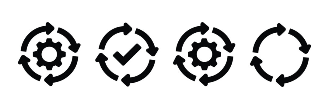 Sync process icon set with circle arrow rotation and gear icons for process automation synchronization and technology system design