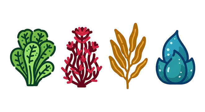 Set of different types of seaweed and algae icons, marine plants vector illustration