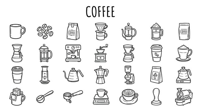 Coffee cups and brewing equipment icons.