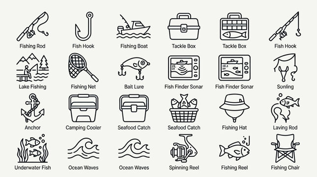 Fishing Icons and Line Drawings Collection.