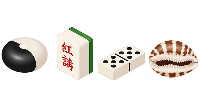 Set of traditional game pieces including a black and white stone, a mahjong tile, a domino, and a cowrie shell
