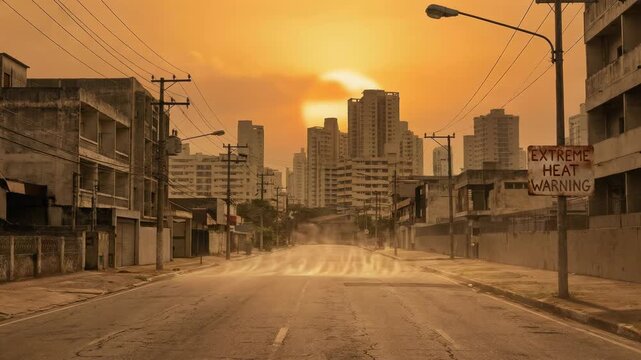Extreme heat warning sign on a deserted city street with heat waves rising from the road. Dystopian scene representing global warming and climate change