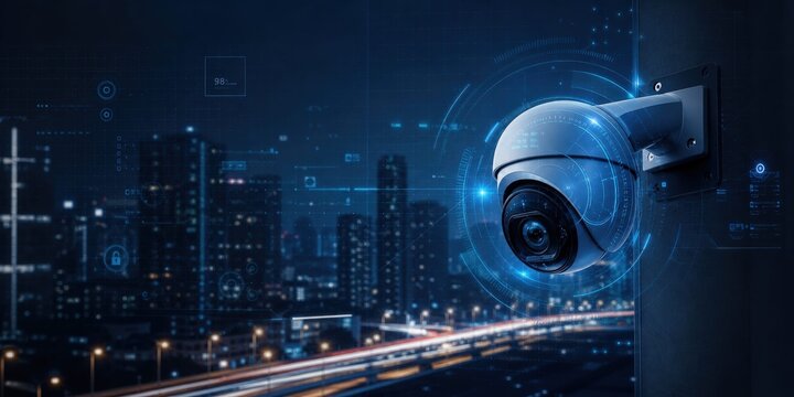 CCTV camera monitoring city at night with futuristic digital interface for security.