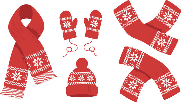 Red Winter Clothes Vector Set Featuring Knitted Scarves Mittens and Beanie Hat with Snowflake Nordic Patterns for Christmas Graphic Designs