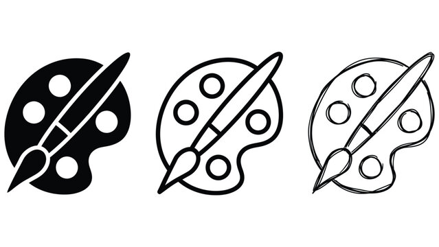 Art Palette Icon Set with Paint Brush and Colors in Three Design Styles
