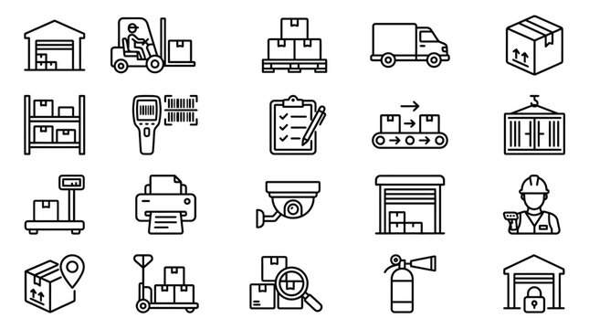 Industrial icons for logistics and transport.