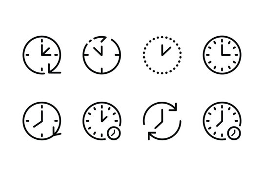 Time in reverse icons set featuring clock sign with backward arrow return time travel and outline style vector illustration graphics