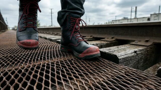 Sequence of an adult worker walking in steel toe boots on a railroad bridge. Close up on safety footwear with red laces on a rusty industrial walkway
