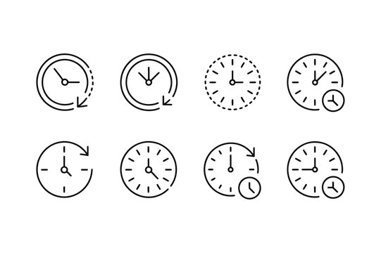 Time in reverse icons set with back in time clock symbol circular arrow rewind process and minimal outline vector design