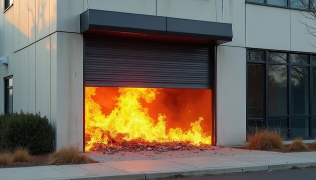 Commercial building garage engulfed in intense bright flames. Fire spreads inside concrete structure. Smoke billows, destruction looms. Emergency services needed. Danger, chaos ensue.