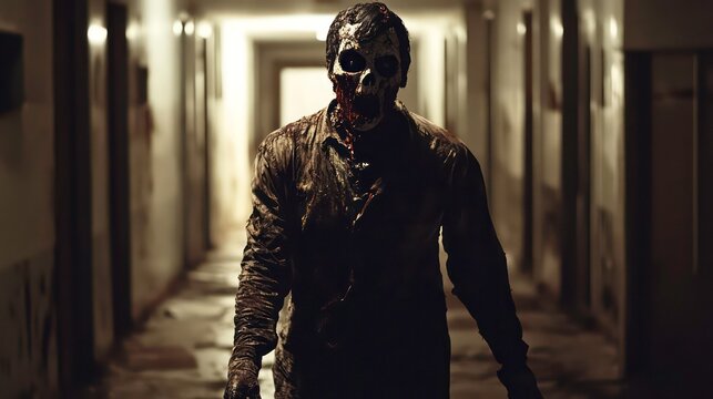 An undead zombie haunts the dark corridor. This is a Halloween-themed scene.