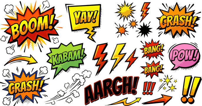 Comic Book Sound Effect Words Set &mdash; Boom, Crash, Bang, Pow, Kabam, Yay, Aargh Colorful Pop Art Speech Bubble Vector Collection
