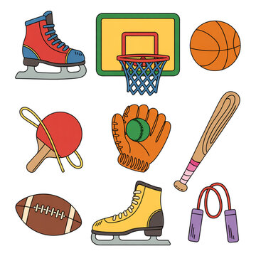 Diverse sports equipment vector collection with basketball hoop, ice skates, baseball bat and various balls
