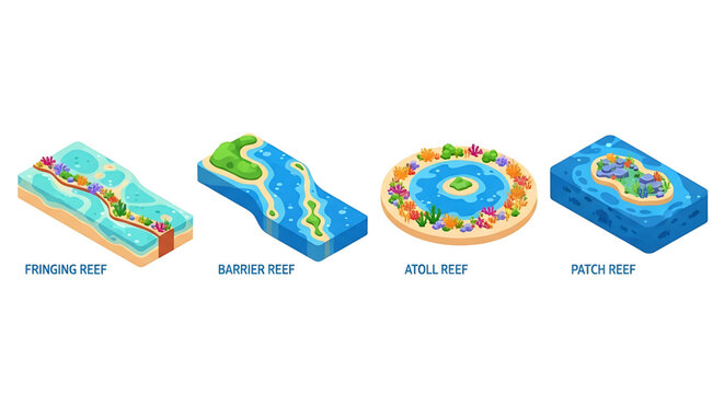 Types of coral reefs fringing, barrier, atoll, and patch reef isometric vector illustration