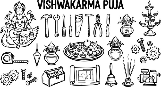 Vishwakarma Puja Hindu Deity Lord of Architecture holding tools, line art illustration for construction, engineering, and blessings