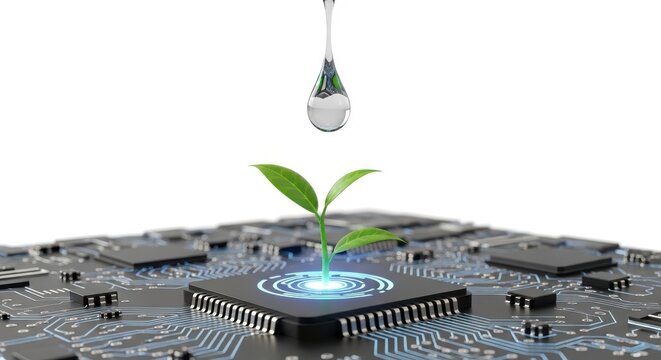 Water drop sprouts plant on circuit board with microchip