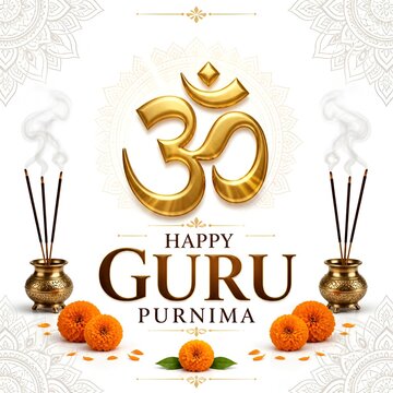 Happy guru purnima greeting card with om symbol and marigold flowers