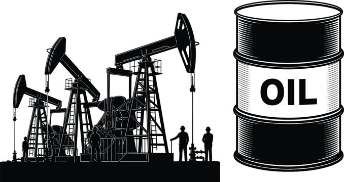 Oil industry vector illustration featuring petroleum pump jacks, refinery extraction equipment and industrial oil barrel energy production concept
