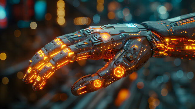 Sci-Fi Digital Artwork Showing Human and AI Connection Through Touch, Glowing Energy Transfer Effect
