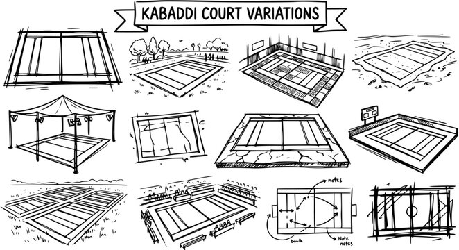 Black and White Line Art Illustration of Kabaddi Court Variations and Designs