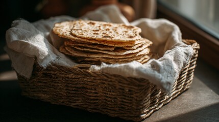 Obraz premium A cozy indoor scene featuring flatbreads stacked in a woven basket with linen cloth under soft natural light