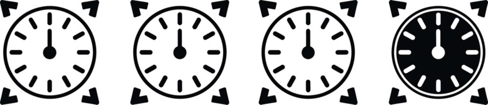 Uptime and downtime icon set featuring clock symbol with upward and downward arrows for system availability server monitoring and performance tracking flat vector design