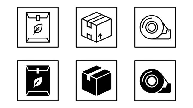 Shipping and packaging icons: eco envelope cardboard box tape dispenser with envelope cardboard dispenser