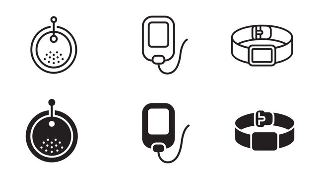 Pet tracking and animal identification technology icon set with gps microchip reader collar, tracking