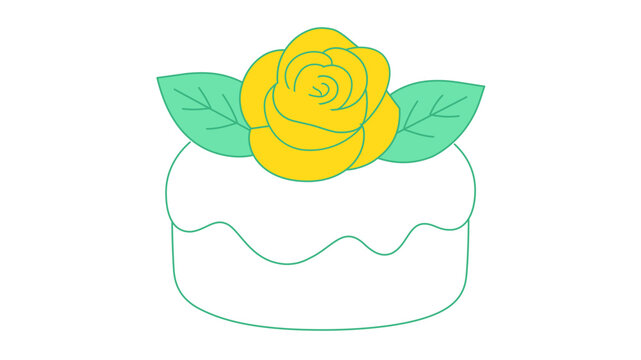Yellow rose flower vector icon on white cake with green leaves, colorful line illustration with editable stroke, adjustable stroke weight for customizable design, floral bakery graphic element.