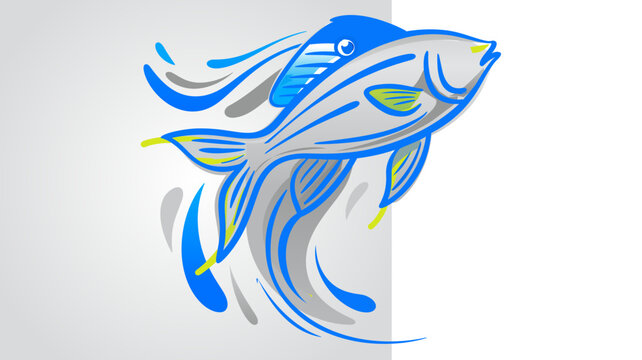 Dynamic leaping saltwater predator in a multi-hued linear style. Features a modifiable outline for various applications, perfect for sport fishing logos and seafood branding.