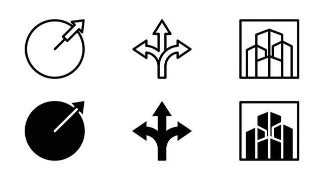Black outline and solid glyph icons for initiation divergent paths city buildings with initiation, decision
