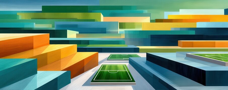 Abstract geometric terraces with miniature soccer fields in a colorful futuristic stadium landscape