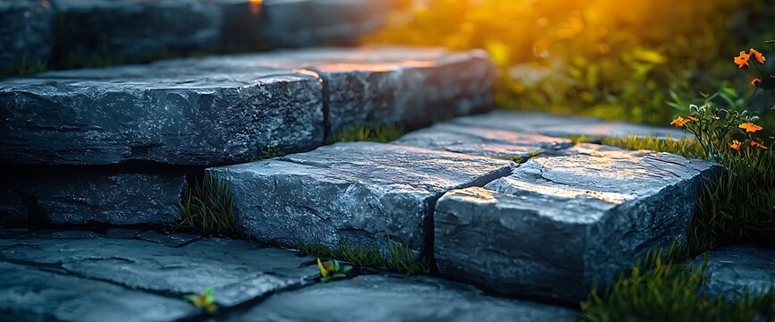 Stone steps in garden with sun with nature background Outdoor pathway landscape.