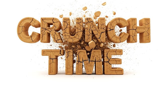 Crunch time text featuring cracked biscuit texture and exploding crumbs in sharp focus against a white background. Essential for high-stakes corporate deadline and performance marketing.