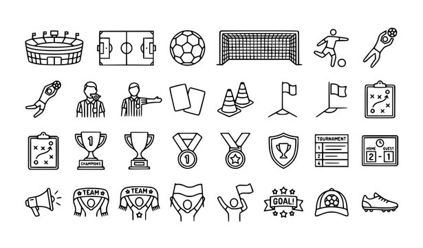 Professional soccer editable stroke icon set for sports media vector illustration