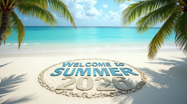 Summer banner with text Welcome to Summer 2026 on a sandy tropical beach near the turquoise ocean surrounded by palm trees for summer advertising, travel agency and marine resort.